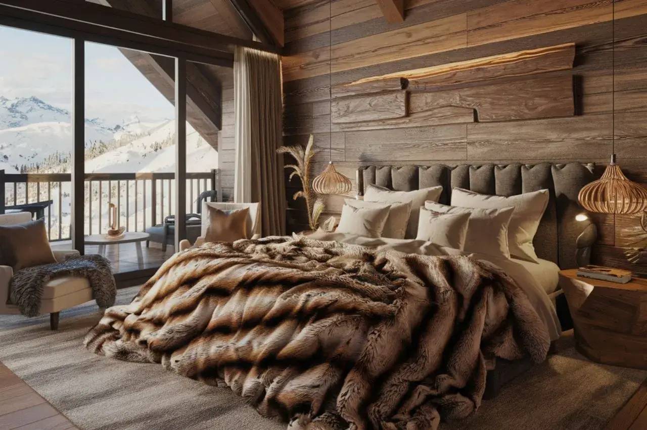 Chambre luxueuse avec une vue imprenable sur les montagnes enneigées, dotée d'une décoration en bois chaleureuse et d'un lit confortable