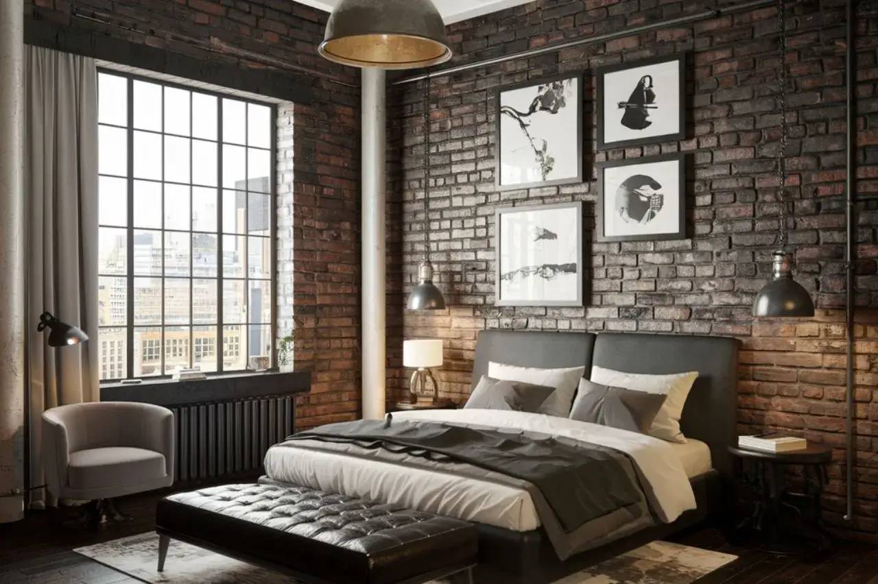 Une chambre moderne de style industriel avec mur en briques, grande fenêtre, et décoration minimaliste.