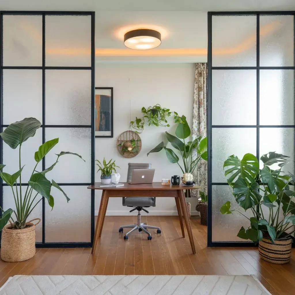 Un espace de travail moderne et lumineux, entouré de plantes, avec une élégante séparation en verre dépoli.