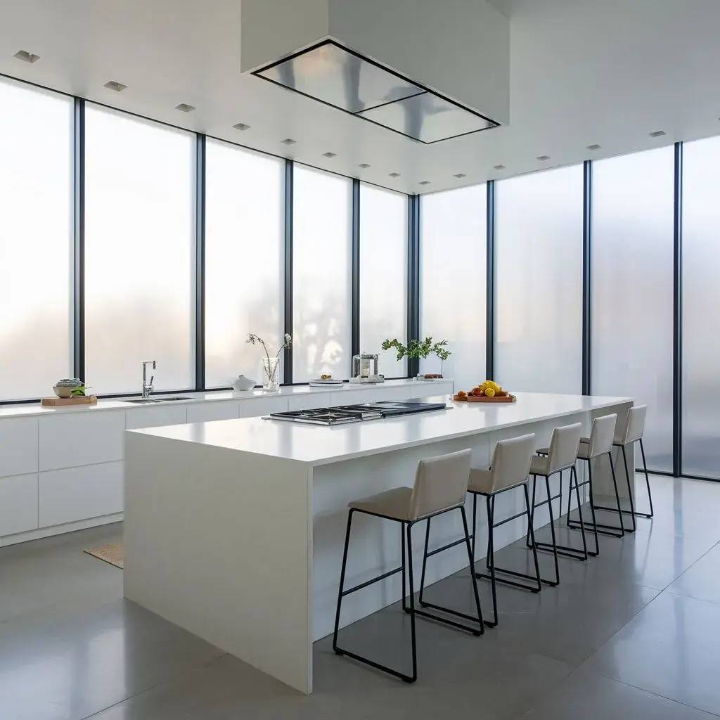 Cuisine moderne et lumineuse avec un grand îlot central et des tabourets élégants, entourée de larges fenêtres en verre dépoli.