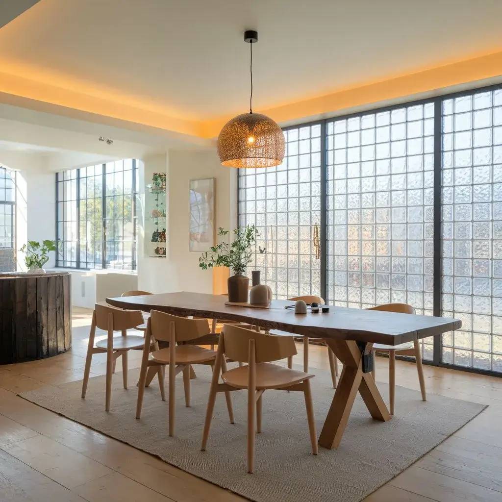 Une salle à manger moderne et lumineuse avec une grande table en bois, des chaises assorties et une suspension en osier, idéalement plac