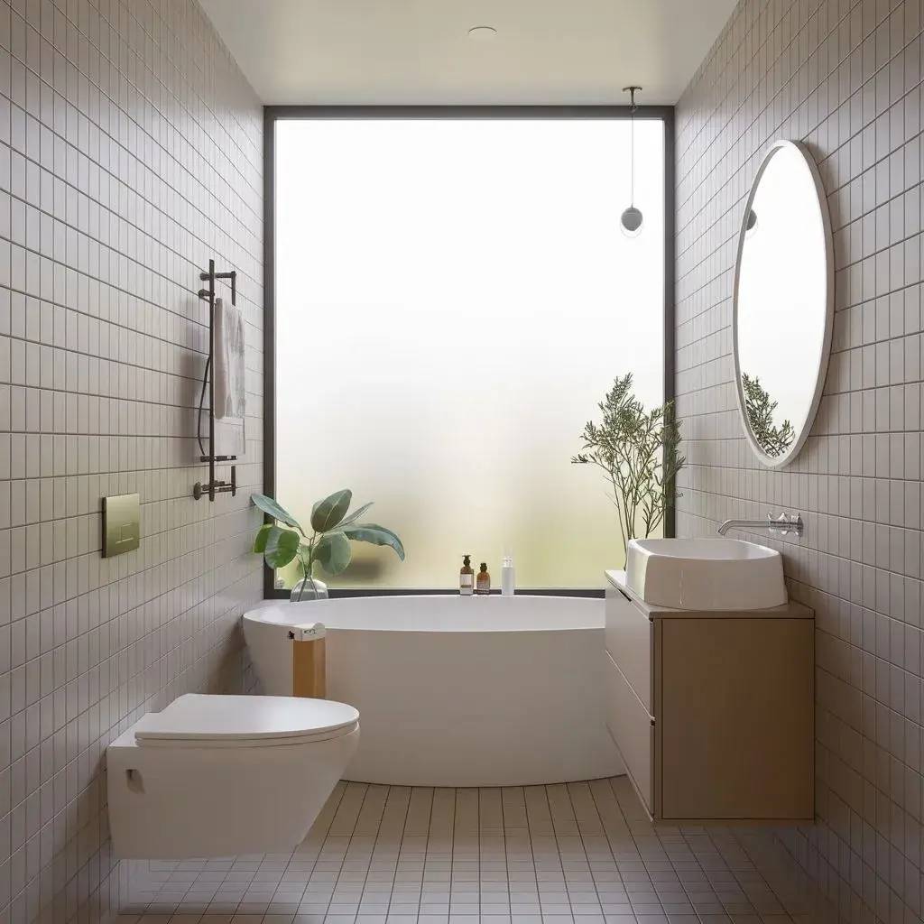 Une salle de bain moderne avec une baignoire, lavabo suspendu, miroir rond et une grande fenêtre opaque illuminant l’espace carrelé de te