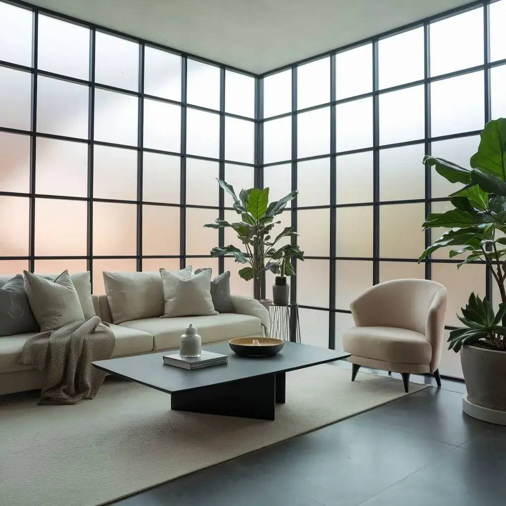 Un salon moderne et épuré avec des meubles élégants, des plantes vertes et des baies vitrées au design géométrique.
