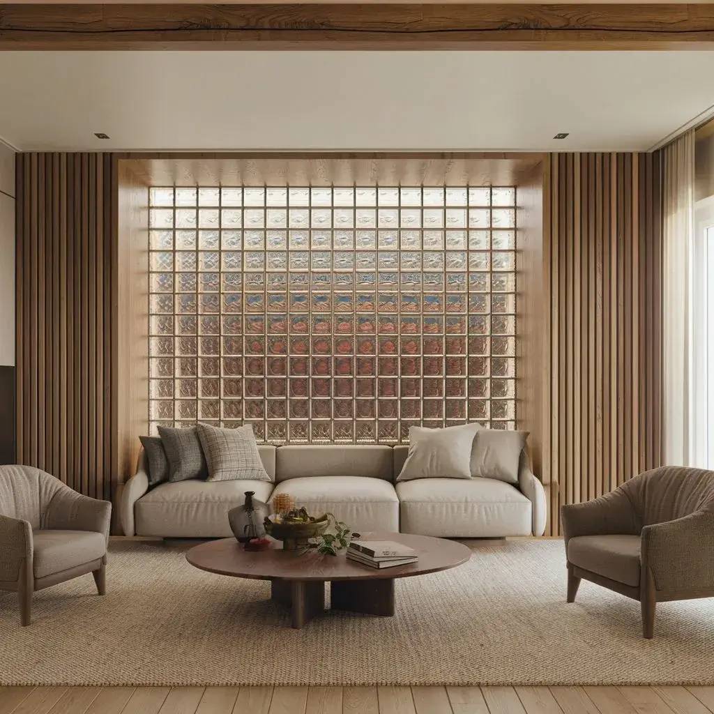Un salon moderne et chaleureux avec des fauteuils beiges, une table basse en bois et un mur en pavés de verre laissant passer la lumière naturelle