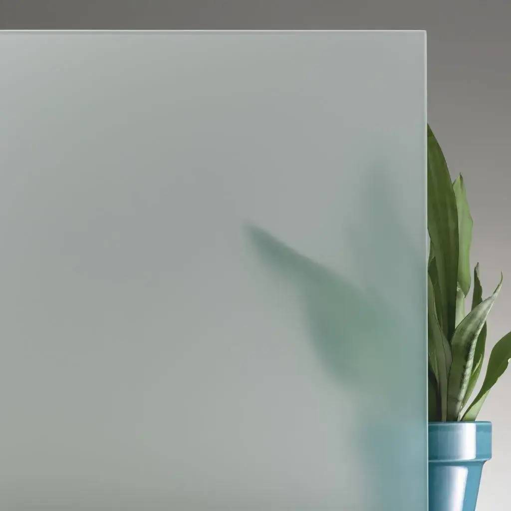 Une plante verte se trouve dans un pot bleu derrière un panneau en verre dépoli.