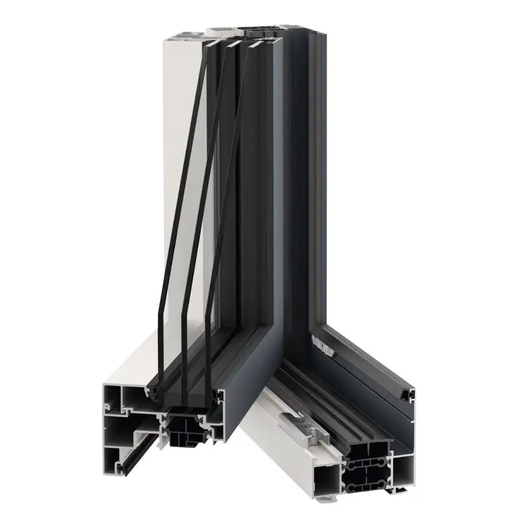 Une coupe transversale d'une fenêtre en aluminium avec double vitrage, montrant les différentes couches d'isolation.