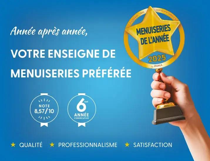 Trophée "Menuiseries de l'année 2025" accompagné de textes valorisant la qualité, le professionnalisme et la satisfaction.
