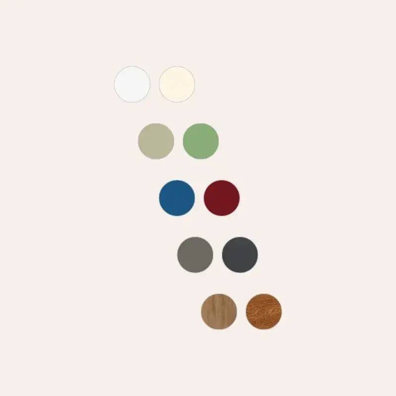 Palette de couleurs variées comprenant des tons neutres, verts, bleus, rouges, gris, bois et cuir, sur fond beige.