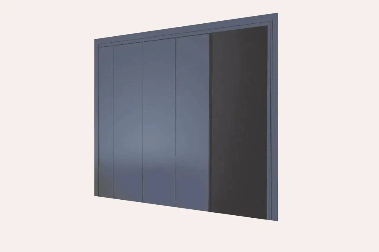 Un mur pivotant moderne avec des panneaux gris foncé intégré dans un cadre minimaliste.