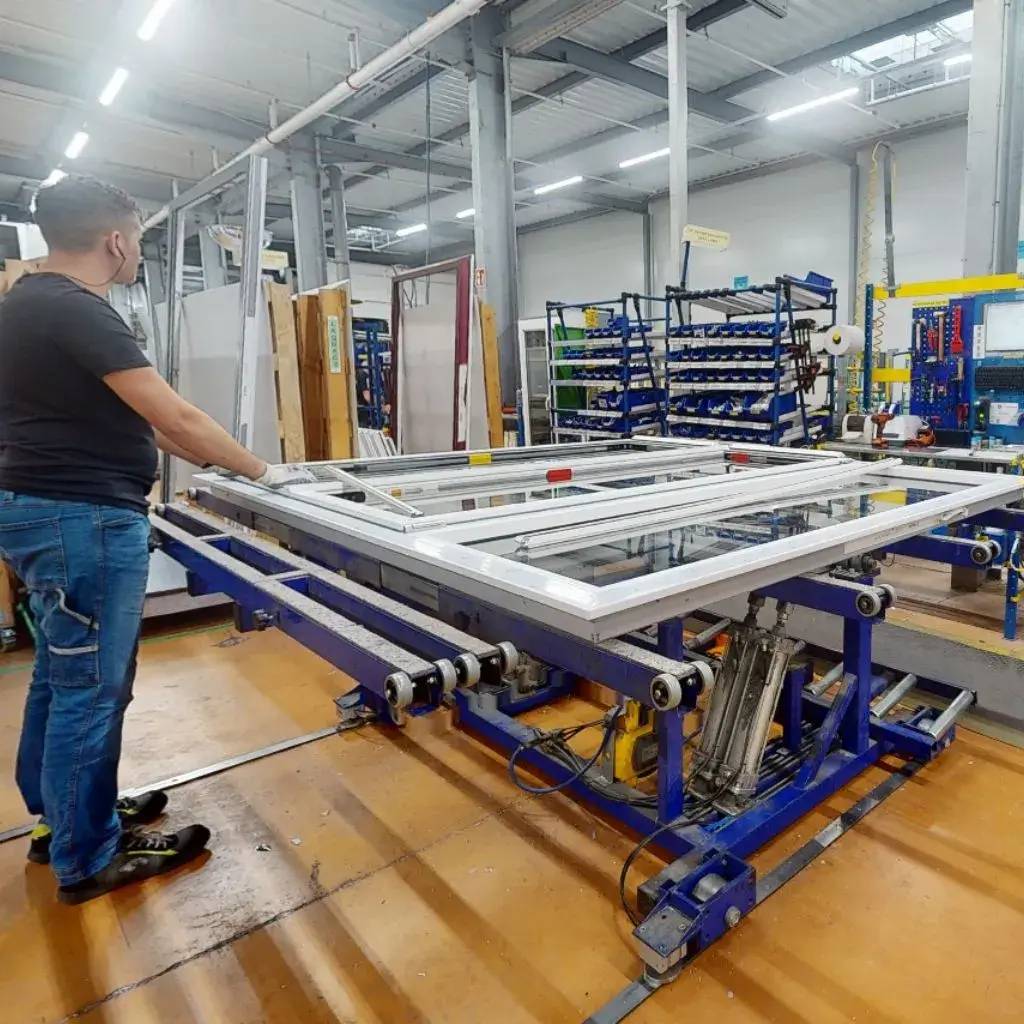 Un employé travaille sur le montage de cadres de fenêtres dans une usine moderne et bien équipée.