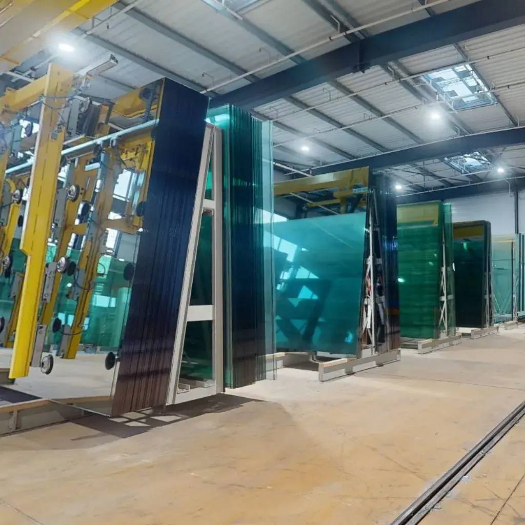 Cette image montre des panneaux de verre vert empilés dans un entrepôt industriel bien éclairé.
